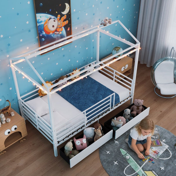 English Elm Metal Twin Over Bunk Bed with Full Guardrail Ladder and Convertible Iron Frame W3752S00016