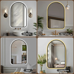 English Elm 32"x60"Arched LED Mirror with Time & Temp Display, Anti-Fog Defog, Dimmable 3-Color Light, Black Frame W2709P329053