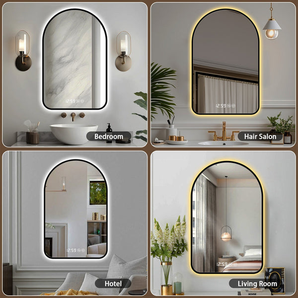 English Elm 32"x60"Arched LED Mirror with Time & Temp Display, Anti-Fog Defog, Dimmable 3-Color Light, Black Frame W2709P329053