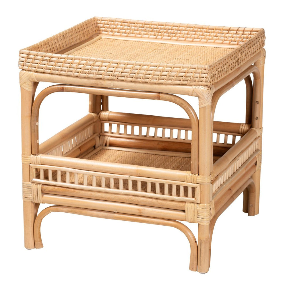 Baxton Studio bali Lombok Modern Bohemian Rattan End Table - Artisan Crafted, Two-Tier Design for Every Space Lombok-Natural Rattan-ET