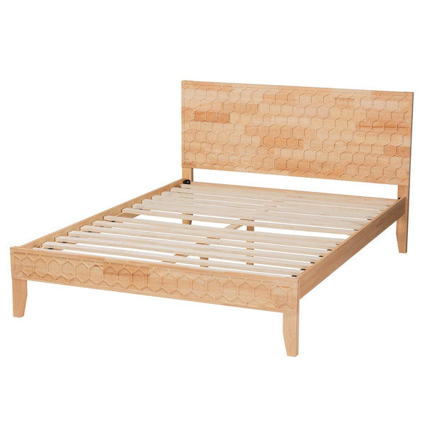Baxton Studio Baxton Studio Hosea Japandi Platform Bed with Carved Honeycomb Design for Modern Bedroom Elegance Queen SW8588-Natural-Queen