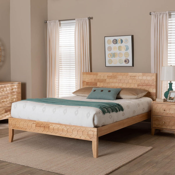 Baxton Studio Baxton Studio Hosea Japandi Platform Bed with Carved Honeycomb Design for Modern Bedroom Elegance Queen SW8588-Natural-Queen