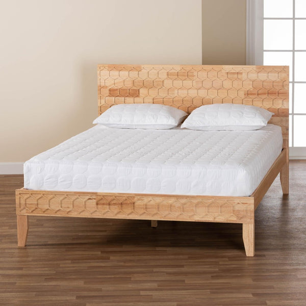 Baxton Studio Baxton Studio Hosea Japandi Platform Bed with Carved Honeycomb Design for Modern Bedroom Elegance Queen SW8588-Natural-Queen