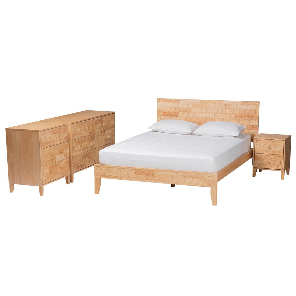 Baxton Studio Baxton Studio Hosea Japandi Carved Honeycomb Bedroom Set – Modern Elegance with Ample Storage Solutions King 4-Piece SW8588-Natural-4PC King Bedroom Set