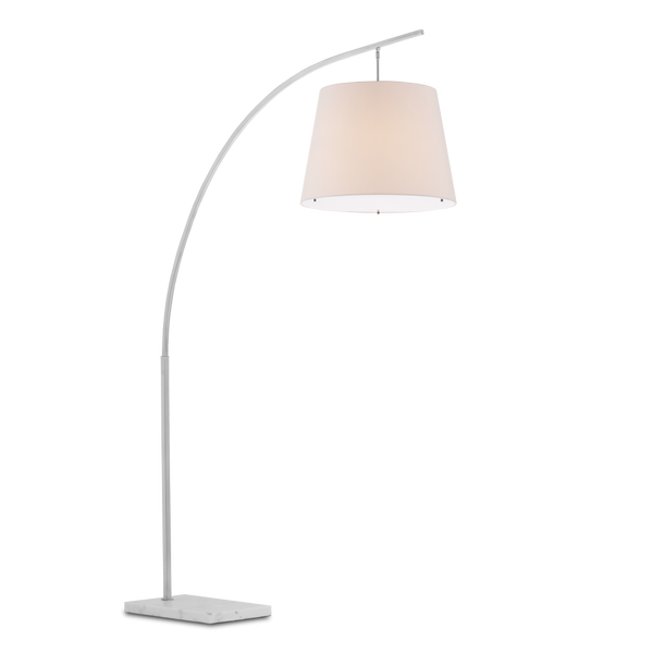 Cloister Modern Nickel Floor Lamp with White Linen Shade - Contemporary Arc Design for Stylish Spaces