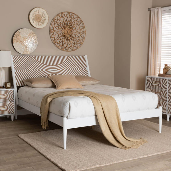 Baxton Studio Baxton Studio Louetta Coastal Platform Bed with Geometric Carved Headboard for Modern Bedrooms King SW8591-White-King