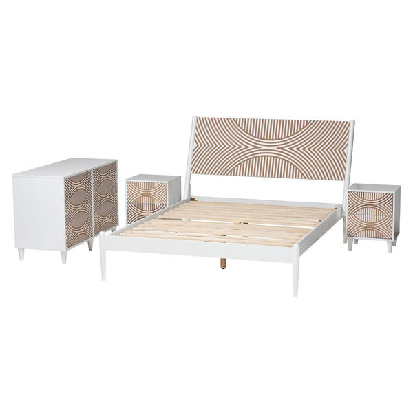 Baxton Studio Baxton Studio Louetta Coastal White Queen Bedroom Set with Geometric Design and Storage Solutions 4-Piece SW8591-White-4PC Queen Bedroom Set