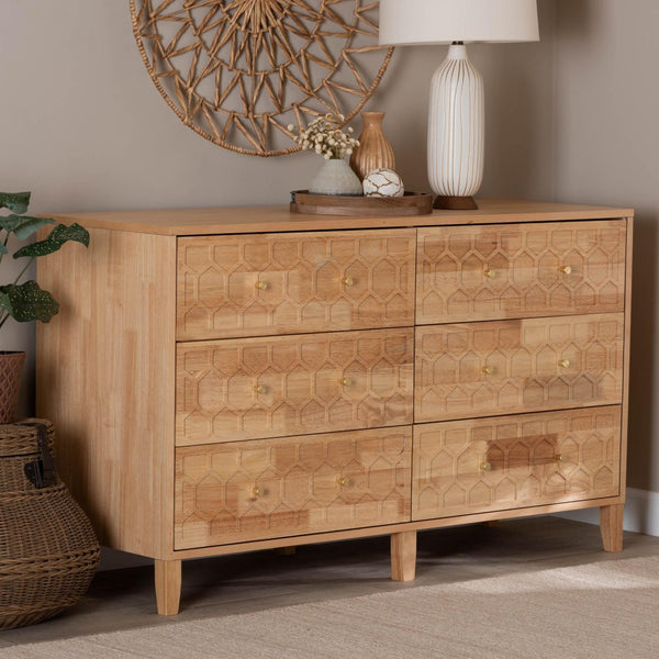 Baxton Studio Baxton Studio Hosea Japandi Dresser - 6-Drawer Honeycomb Design for Modern Bedroom Aesthetics SW8000-61D6D-6DW-Natural-Dresser