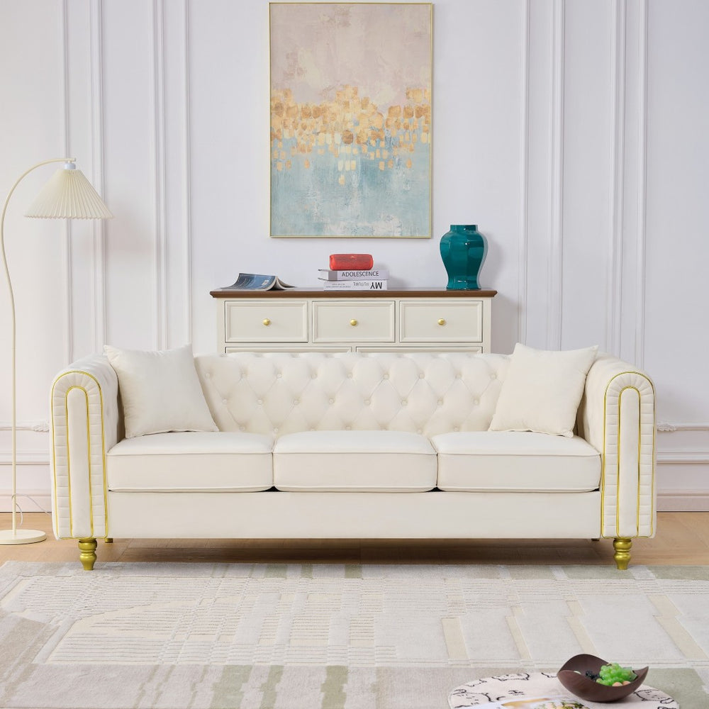 English Elm 86" Chesterfield Velvet Three Seat Sofa Button Tufted Rolled Arms Gold Legs Living Room Beige W3373S00079