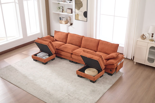 English Elm Sectional Modular Cloud Sofa Deep Corduroy Upholstered Comfort for Living Room Studio Orange W395S00135