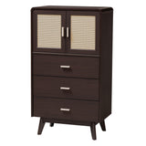 Baxton Studio Giancarlo Mid-Century Modern Espresso Brown Wood 3-Drawer Storage Chest with Rattan door