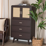 Baxton Studio Giancarlo Mid-Century Modern Espresso Brown Wood 3-Drawer Storage Chest with Rattan door