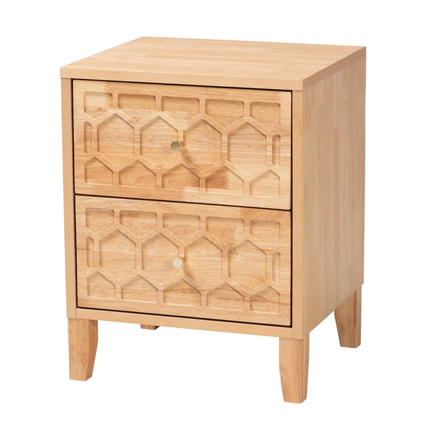 Baxton Studio Baxton Hosea Japandi Nightstand - Elegant Honeycomb Carved Design for Modern Bedroom Storage Solutions SW8000-61NS2D-2DW-Natural-Nightstand