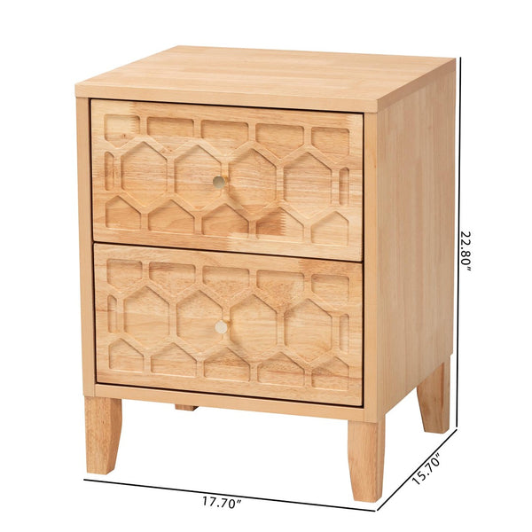 Baxton Studio Baxton Hosea Japandi Nightstand - Elegant Honeycomb Carved Design for Modern Bedroom Storage Solutions SW8000-61NS2D-2DW-Natural-Nightstand
