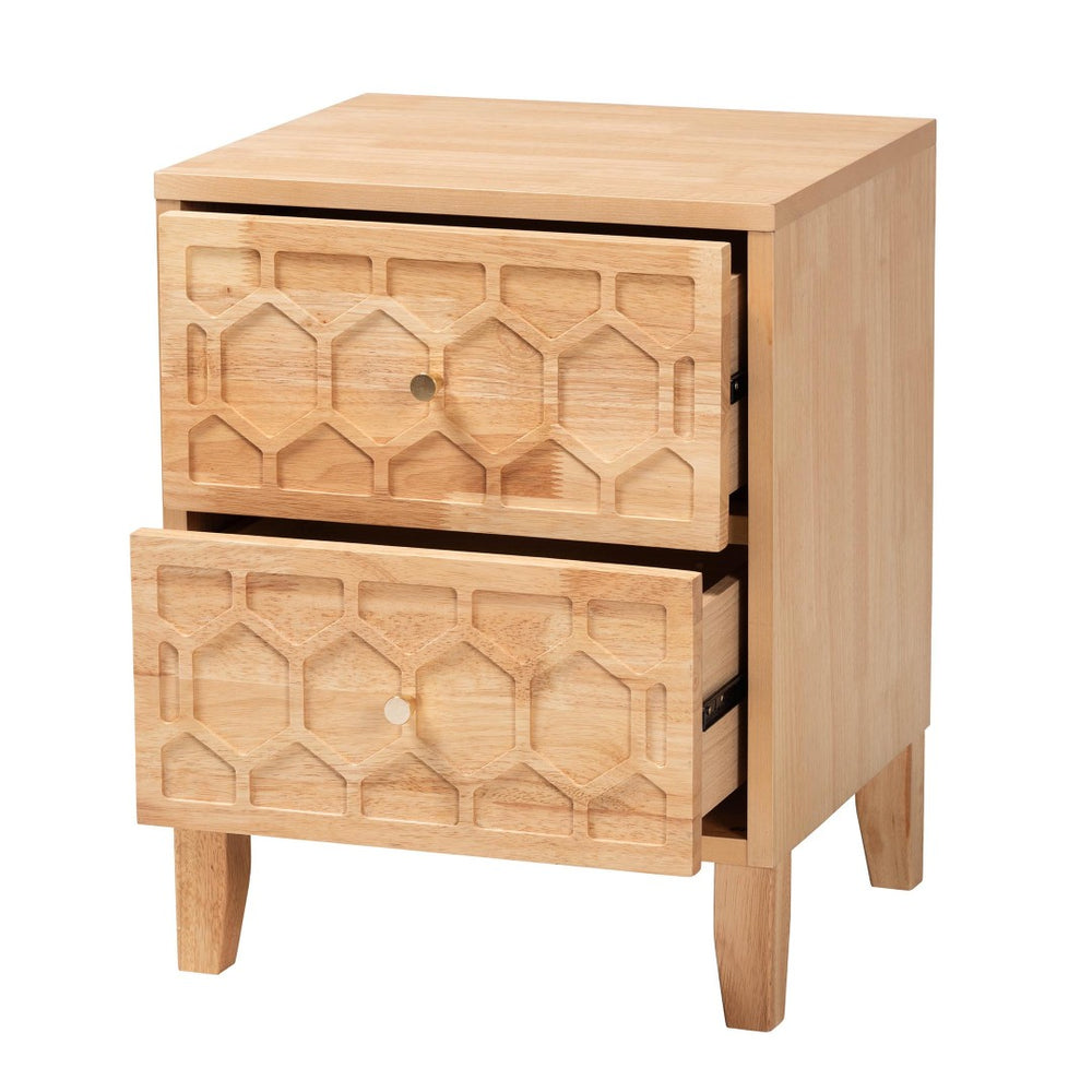 Baxton Studio Baxton Hosea Japandi Nightstand - Elegant Honeycomb Carved Design for Modern Bedroom Storage Solutions SW8000-61NS2D-2DW-Natural-Nightstand