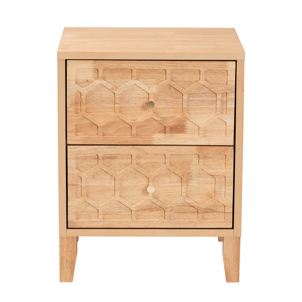 Baxton Studio Baxton Hosea Japandi Nightstand - Elegant Honeycomb Carved Design for Modern Bedroom Storage Solutions SW8000-61NS2D-2DW-Natural-Nightstand