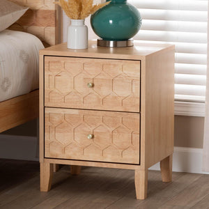 Baxton Studio Baxton Hosea Japandi Nightstand - Elegant Honeycomb Carved Design for Modern Bedroom Storage Solutions SW8000-61NS2D-2DW-Natural-Nightstand