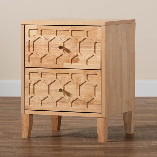 Baxton Studio Baxton Hosea Japandi Nightstand - Elegant Honeycomb Carved Design for Modern Bedroom Storage Solutions SW8000-61NS2D-2DW-Natural-Nightstand