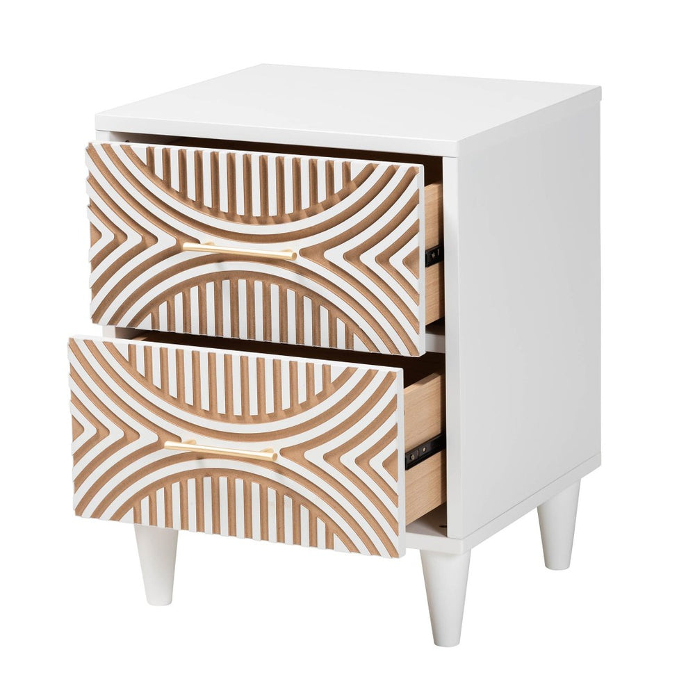 Baxton Studio Baxton Studio Louetta Nightstand - Coastal-Inspired Carved Design with Practical Storage Solution SW8000-63NS2D-2DW-White-Nightstand