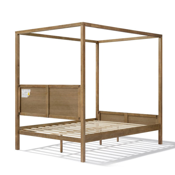 English Elm Queen Solid Wood Canopy Bed Four Post Antique Oak Finish with Curtain Rail Slots N758Q084041N