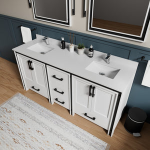 English Elm White Double Bath Vanity 72" W x 22" D with White Quartz Top, Soft-Close Drawers, Dual 30" Mirrors B2731S00913