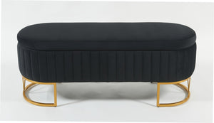 English Elm Oval Velvet Storage Bench with Metal Legs — Luxurious Upholstered Ottoman with Lift-Top Storage, 300lb Capacity, Modern Decorative Seating Black T3903P372931