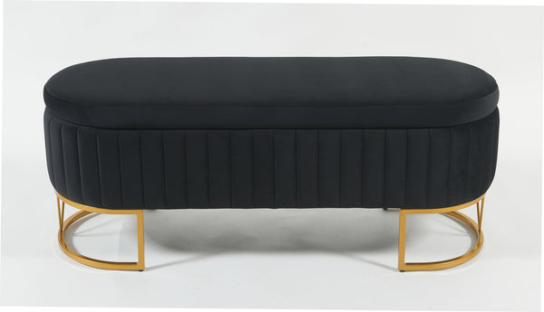 English Elm Oval Velvet Storage Bench with Metal Legs — Luxurious Upholstered Ottoman with Lift-Top Storage, 300lb Capacity, Modern Decorative Seating Black T3903P372931