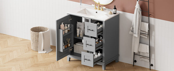 English Elm 30-inch Modern Bathroom Vanity with Ceramic Basin, Rubberwood Frame, Soft-Close Drawers & Organized Storage Grey N729P290689E