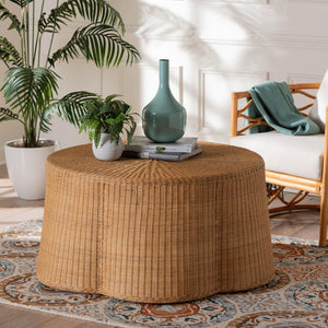 Baxton Studio bali Handcrafted Palm Bohemian Honey Rattan Coffee Table – Scalloped Design for Coastal Charm Palm-Light Honey Rattan-Coffee Table