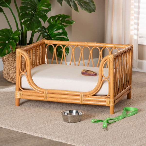 Baxton Studio bali Kierra Bohemian Honey Rattan Pet Bed - Handcrafted Cozy Retreat for Small Pets with Cushion Model 1-Light Honey Rattan-Pet Bed