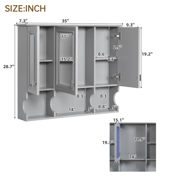 English Elm 35'' Modern Wall-Mounted Medicine Cabinet with Mirror, Hidden Storage and Open Shelves for Bath Gray N710P209443E