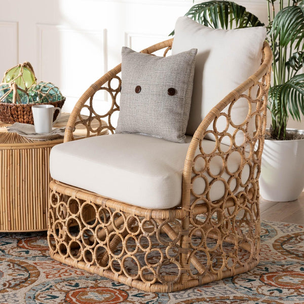 Baxton Studio bali Prisca Bohemian Rattan Accent Chair - Handcrafted Bubble Frame with Plush Cushion for Comfort Model 2-Light Honey Rattan-CC
