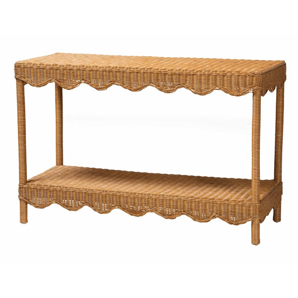 Baxton Studio bali Oteria Bohemian Rattan Console Table – Handcrafted, Scalloped Design for Stylish Storage & Display Palm Short-Light Honey Rattan-Console Table
