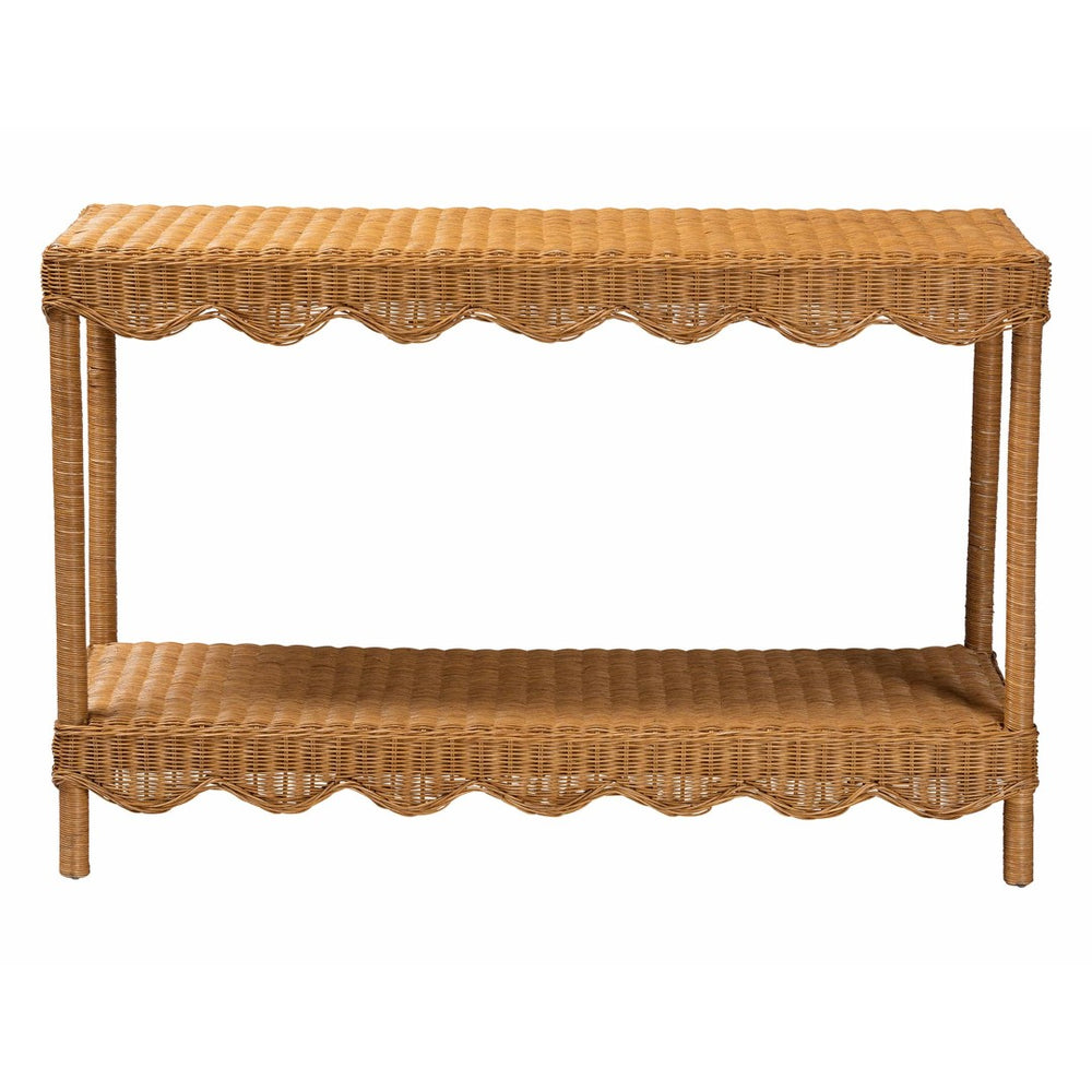 Baxton Studio bali Oteria Bohemian Rattan Console Table – Handcrafted, Scalloped Design for Stylish Storage & Display Palm Short-Light Honey Rattan-Console Table