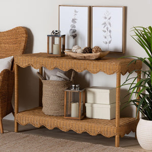 Baxton Studio bali Oteria Bohemian Rattan Console Table – Handcrafted, Scalloped Design for Stylish Storage & Display Palm Short-Light Honey Rattan-Console Table