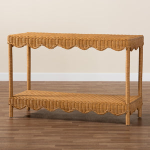 Baxton Studio bali Oteria Bohemian Rattan Console Table – Handcrafted, Scalloped Design for Stylish Storage & Display Palm Short-Light Honey Rattan-Console Table