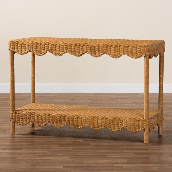 Baxton Studio bali Oteria Bohemian Rattan Console Table – Handcrafted, Scalloped Design for Stylish Storage & Display Palm Short-Light Honey Rattan-Console Table