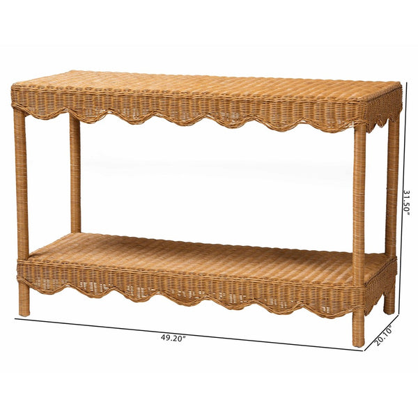 Baxton Studio bali Oteria Bohemian Rattan Console Table – Handcrafted, Scalloped Design for Stylish Storage & Display Palm Short-Light Honey Rattan-Console Table