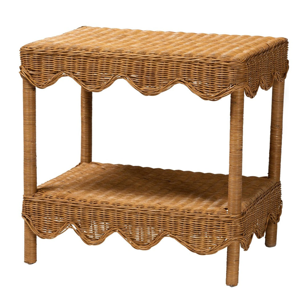 Baxton Studio bali Oteria Bohemian Rattan Side Table - Handcrafted Scalloped Design with Functional Storage Space Palm Short-Light Honey Rattan-Side Table
