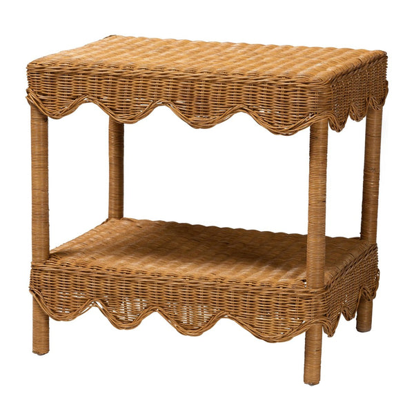 Baxton Studio bali Oteria Bohemian Rattan Side Table - Handcrafted Scalloped Design with Functional Storage Space Palm Short-Light Honey Rattan-Side Table
