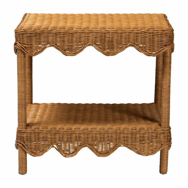 Baxton Studio bali Oteria Bohemian Rattan Side Table - Handcrafted Scalloped Design with Functional Storage Space Palm Short-Light Honey Rattan-Side Table