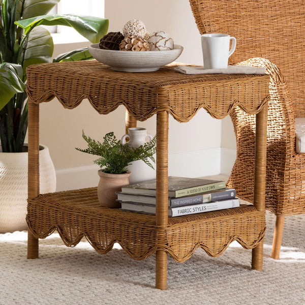Baxton Studio bali Oteria Bohemian Rattan Side Table - Handcrafted Scalloped Design with Functional Storage Space Palm Short-Light Honey Rattan-Side Table