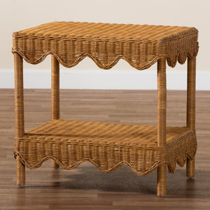 Baxton Studio bali Oteria Bohemian Rattan Side Table - Handcrafted Scalloped Design with Functional Storage Space Palm Short-Light Honey Rattan-Side Table