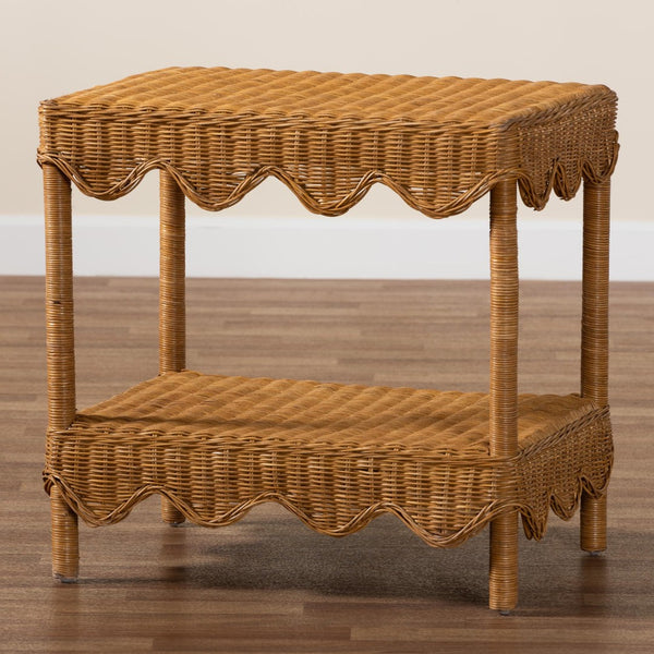 Baxton Studio bali Oteria Bohemian Rattan Side Table - Handcrafted Scalloped Design with Functional Storage Space Palm Short-Light Honey Rattan-Side Table
