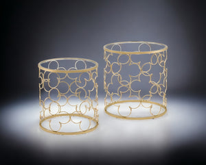 English Elm Flowie Gold Finish Nesting Tables with Clear 5mm Tempered Glass Top, Drum Metal Frame Chic Decor B2726P244958
