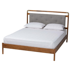 Baxton Studio Baxton Edwina Mid-Century Queen Platform Bed in Light Grey Boucle & Walnut Wood - Stylish, Cozy Elegance BBT61185-Light Grey/Walnut/Gold-Queen
