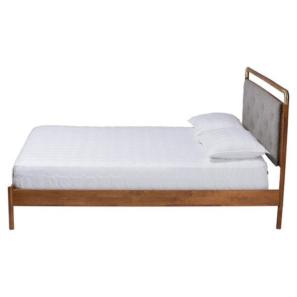 Baxton Studio Baxton Edwina Mid-Century Queen Platform Bed in Light Grey Boucle & Walnut Wood - Stylish, Cozy Elegance BBT61185-Light Grey/Walnut/Gold-Queen
