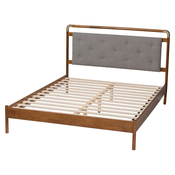 Baxton Studio Baxton Edwina Mid-Century Queen Platform Bed in Light Grey Boucle & Walnut Wood - Stylish, Cozy Elegance BBT61185-Light Grey/Walnut/Gold-Queen