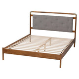 Baxton Studio Edwina Mid-Century Light Grey Boucle Fabric and Walnut Brown Wood Queen Size Platform Bed