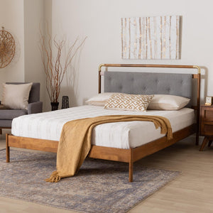 Baxton Studio Baxton Edwina Mid-Century Queen Platform Bed in Light Grey Boucle & Walnut Wood - Stylish, Cozy Elegance BBT61185-Light Grey/Walnut/Gold-Queen